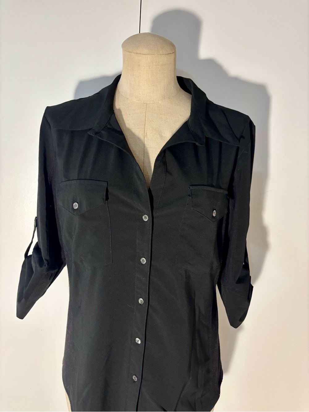 Lucy Black Button-Up Shirt with Chest Pockets
